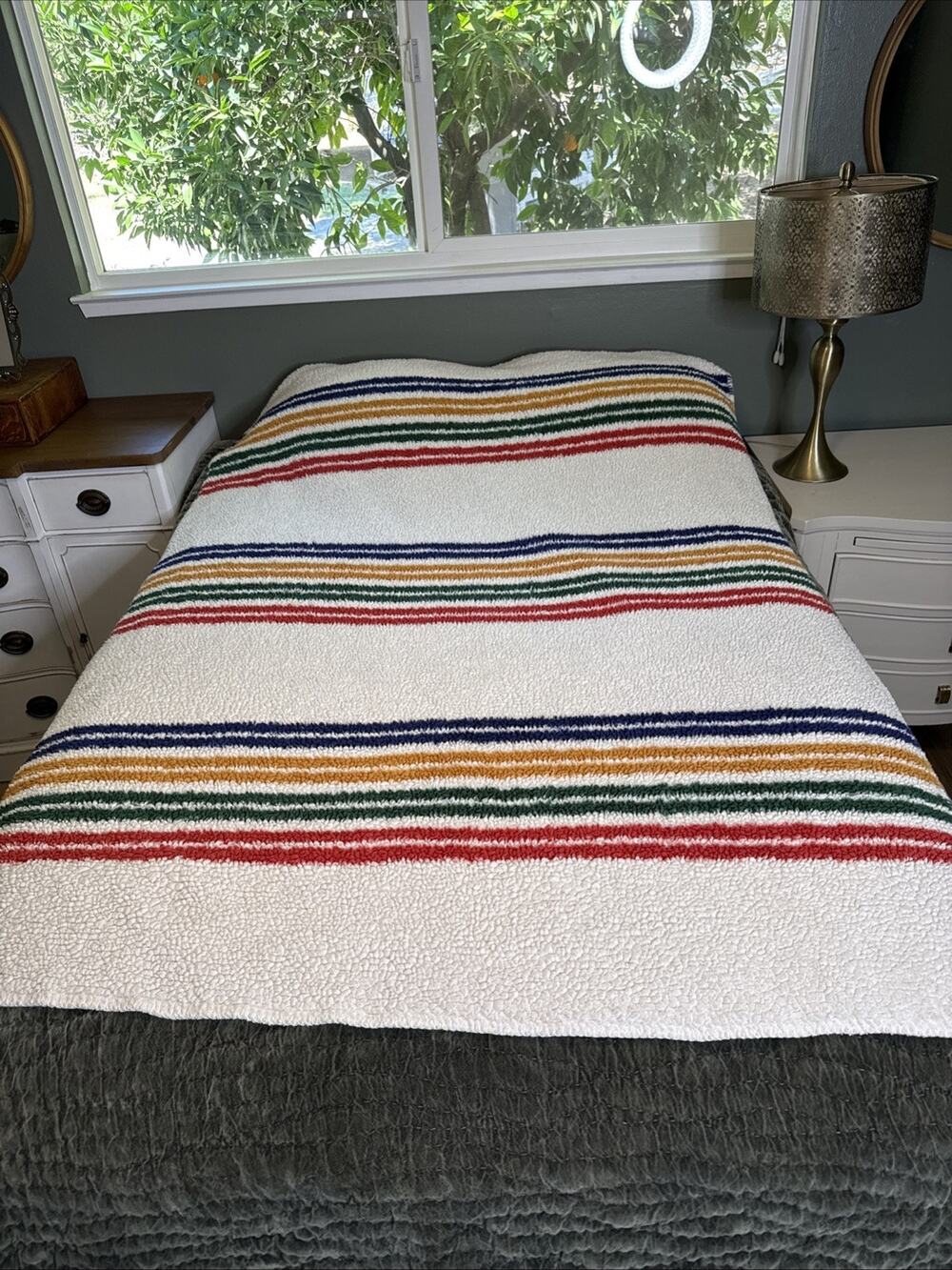 Pendleton Home Collection Sherpa Fleece Throw Blanket 54 X 74 Striped Rainbow
